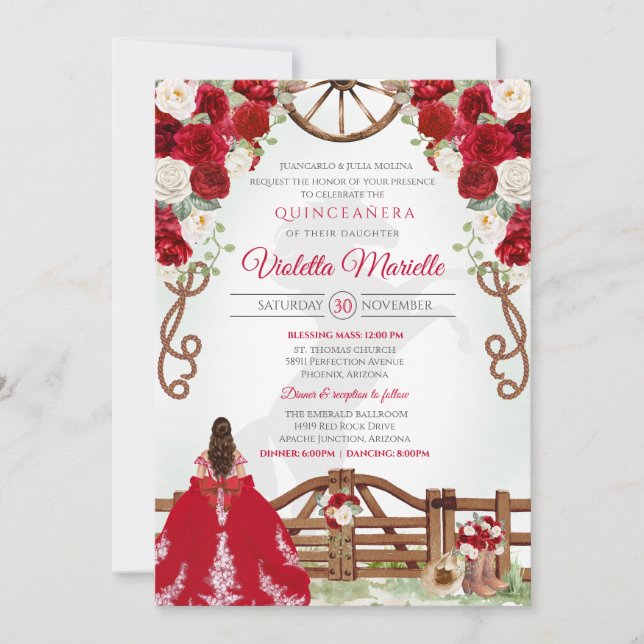 Red Elegant Rustic Western Charro Quinceanera V5 Invitation (Front)