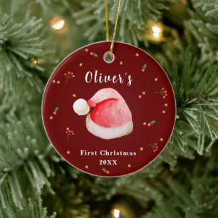 Red Elegant Santa Hat Baby's Frist Christmas  Ceramic Ornament