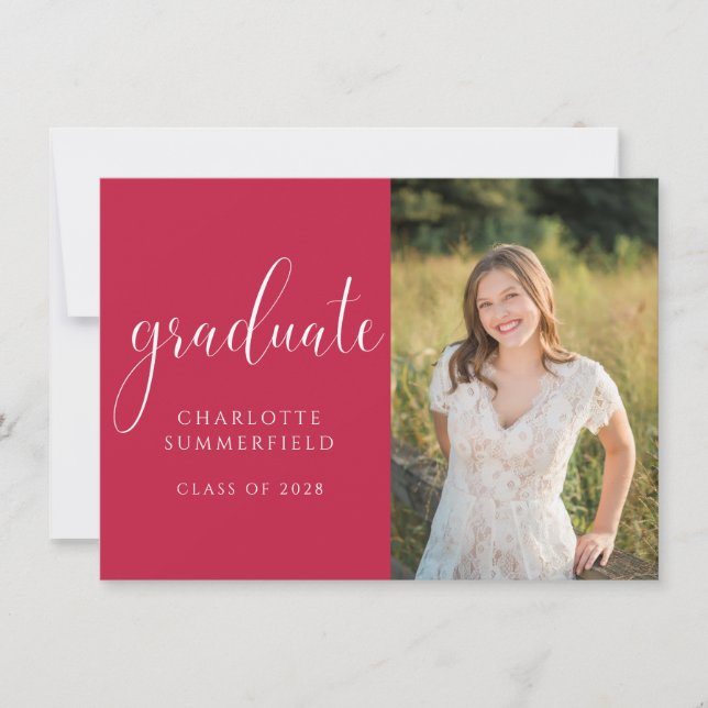 Red Elegant Script Graduation Photo Invitation (Front)
