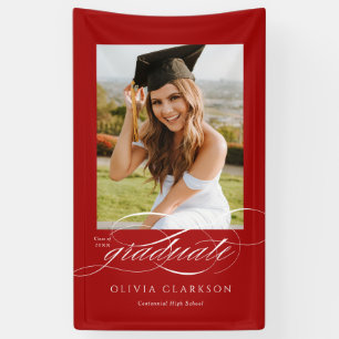 Red Elegant Script Graduation Photo Party Banner