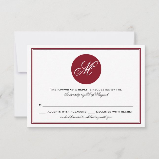 Red Elegant Script Monogram RSVP Card (Front)