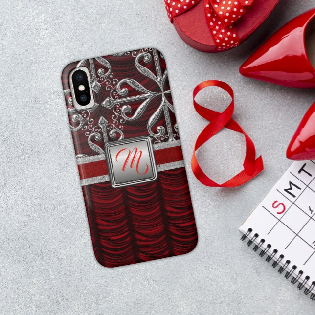Red Elegant Silver Monogram Case-Mate iPhone Case (Creator Uploaded)