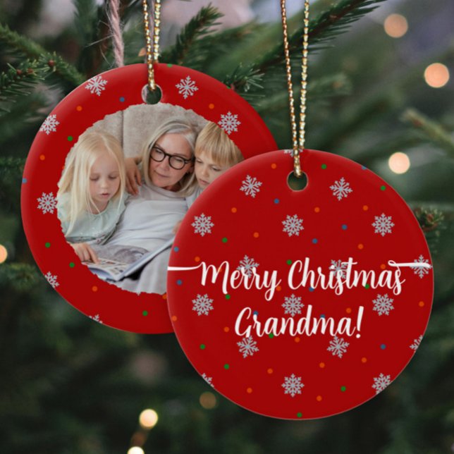 Red elegant snowflakes and dots custom photo ceramic ornament (Custom photo Christmas ornament in red with snowflakes and dots.)