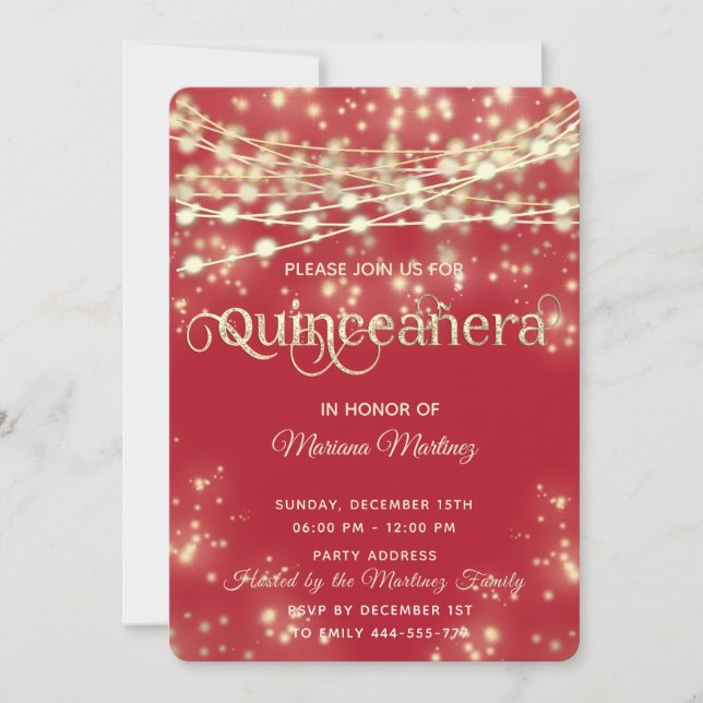 Red elegant String lights gold sparkle  Invitation (Front)