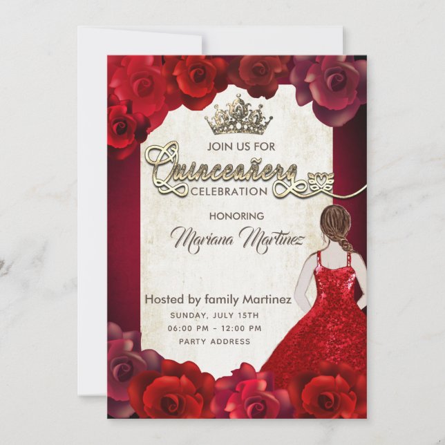  Red elegant vintage  girl roses tiara Quince Invitation (Front)