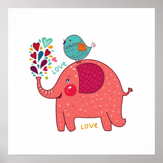 Red Elephant And Bird Poster (Front)