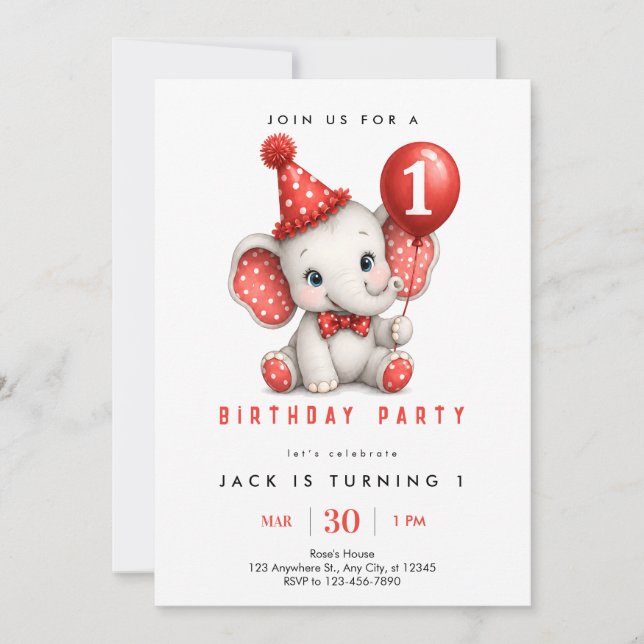 Red Elephant First Birthday Invitation (Front)