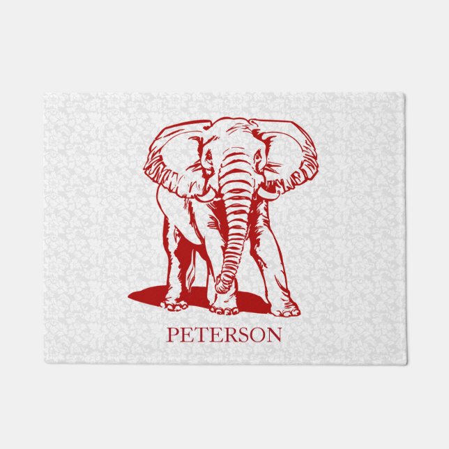 Red Elephant On White Damask Doormat (Front)