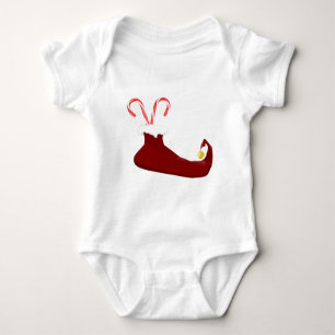Red Elf Slipper with Candy Canes Baby Bodysuit