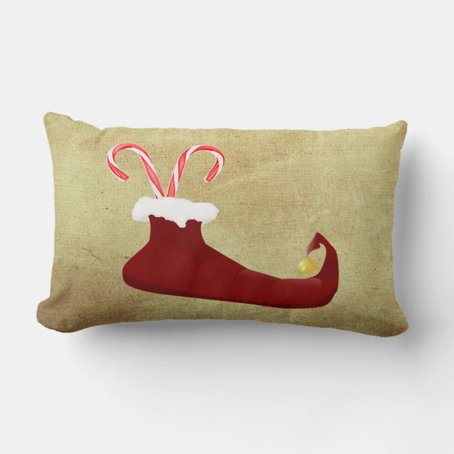 Red Elf Slipper with Candy Canes Lumbar Cushion (Front)