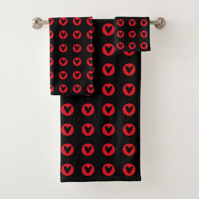 Red Emblem Heart Pattern on Deep Black Bath Towel Set (Insitu)