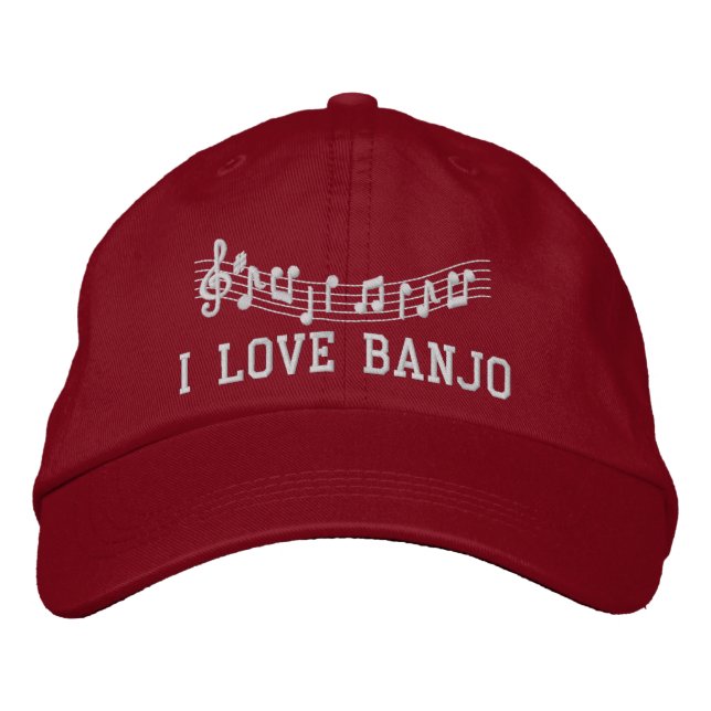 Red Embroidered I Love Banjo Hat (Front)