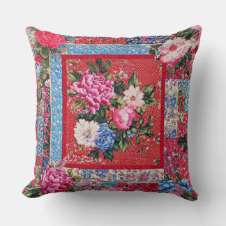 Red Embroidered-look Chinoiserie Peony Patchwork Cushion