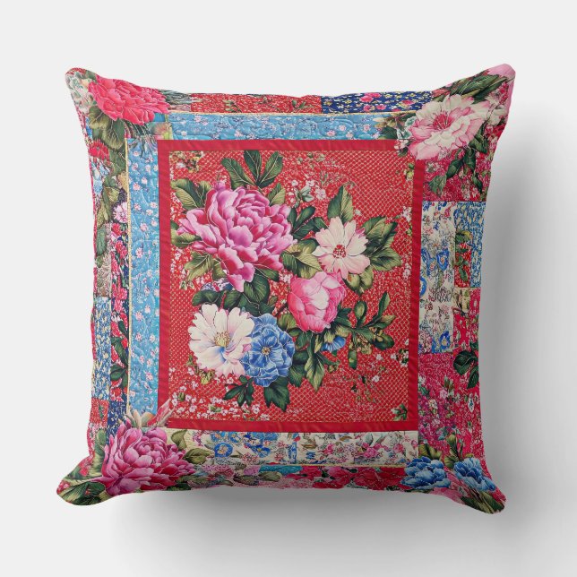 Red Embroidered-look Chinoiserie Peony Patchwork  Cushion (Front)