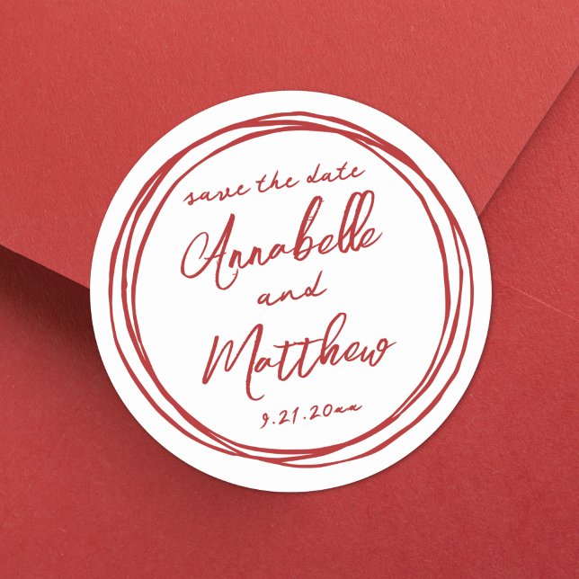 Red Engagement Handwritten Save The Date Classic Round Sticker (Simple Trendy Red Engagement Save The Date Classic Round Sticker )