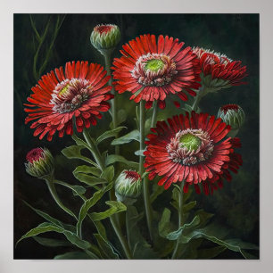 Red English Daisy Flower Art Print Poster