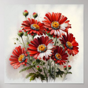 Red English Daisy Flower Art Print Poster