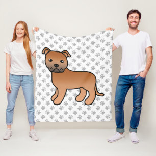 Red English Staffie Cute Cartoon Dog & Paws Fleece Blanket