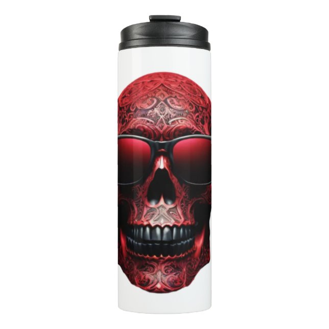 Red engraved metallic 3D skull wearing sunglasses Thermal Tumbler (Front)