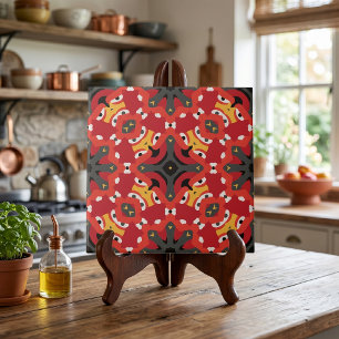 Red Ethnic Boho Oriental Arabesque Mosaic Pattern Ceramic Tile