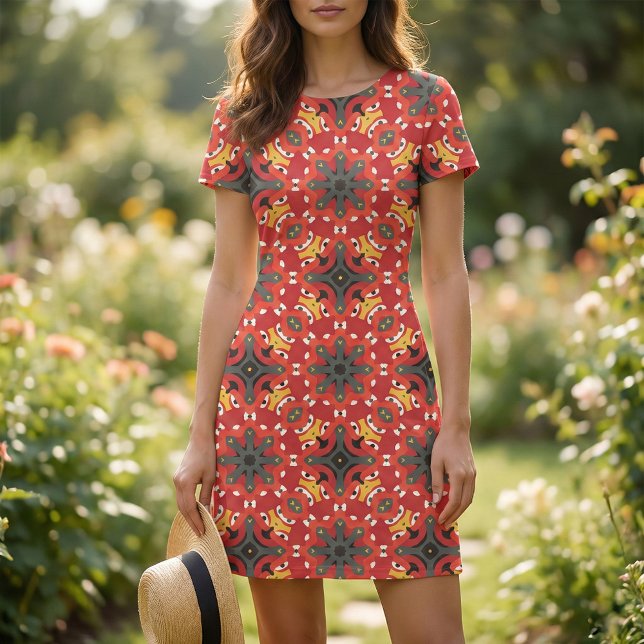 Red Ethnic Boho Oriental Arabesque Mosaic Pattern Fabric (Creator Uploaded)