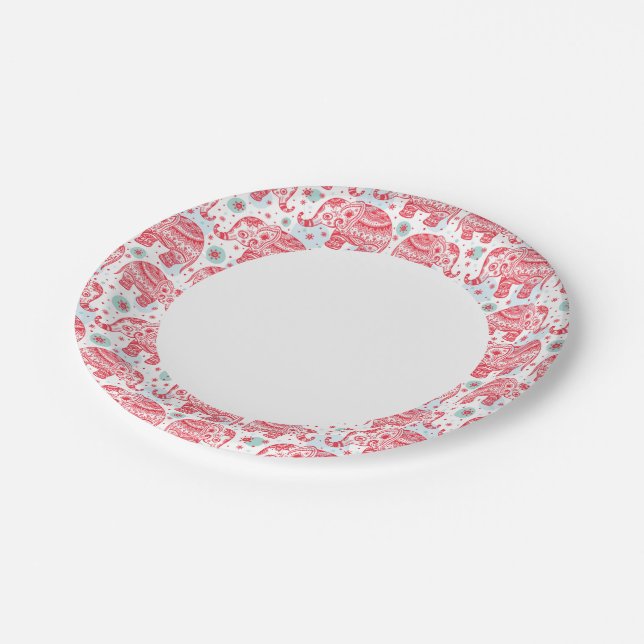 Red Ethnic Elephant Pattern Paper Plate (Angled)