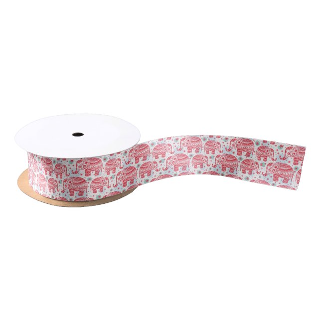 Red Ethnic Elephant Pattern Satin Ribbon (Spool)