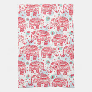 Red Ethnic Elephant Pattern Tea Towel