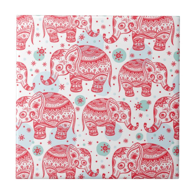 Red Ethnic Elephant Pattern Tile (Front)