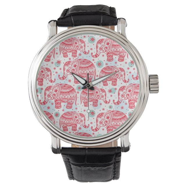 Red Ethnic Elephant Pattern Watch (Front)