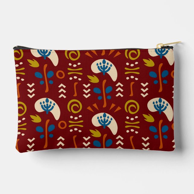 Red Ethnic Summer Boho Floral Pattern Accessory Pouch (Back)
