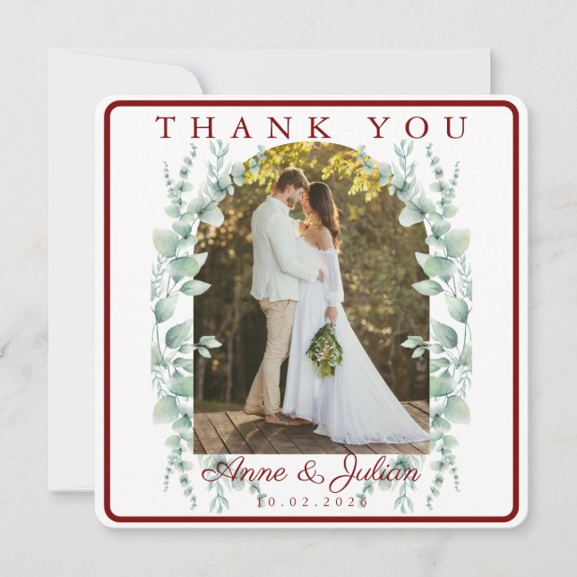 Red Eucalypthus leaves Wedding With 2 photos Thank You Card (Front)