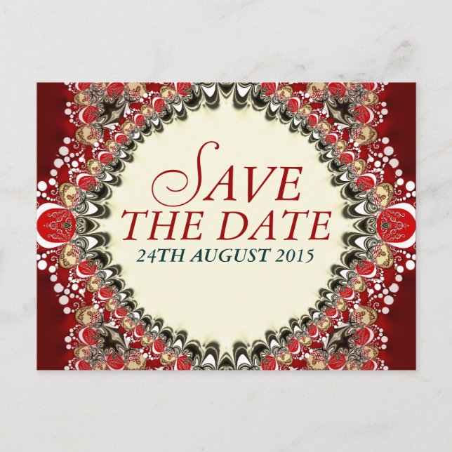 Red Exotic Batik Lace Save the Date Postcard (Front)
