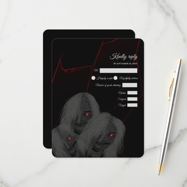 Red-Eyed Ghosts Gothic Red Black- Dark Moody RSVP Card (Front/Back In Situ)