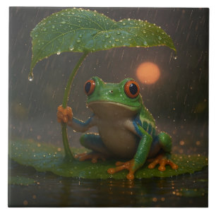 Red Eyed Tree Frog Leaf Umbrella in Rain Ceramic Tile