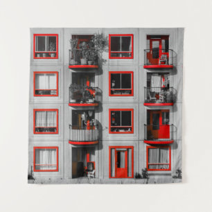Red Facade Zuidoost Balcony Building Photography Tapestry
