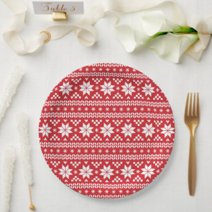 Red Fair Isle Christmas Sweater Pattern Paper Plate