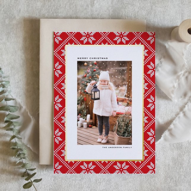 Red Fair Isle Knit Pattern Photo Christmas Foil Holiday Card (Red Fair Isle Knit Pattern Photo Christmas Foil Holiday Card)