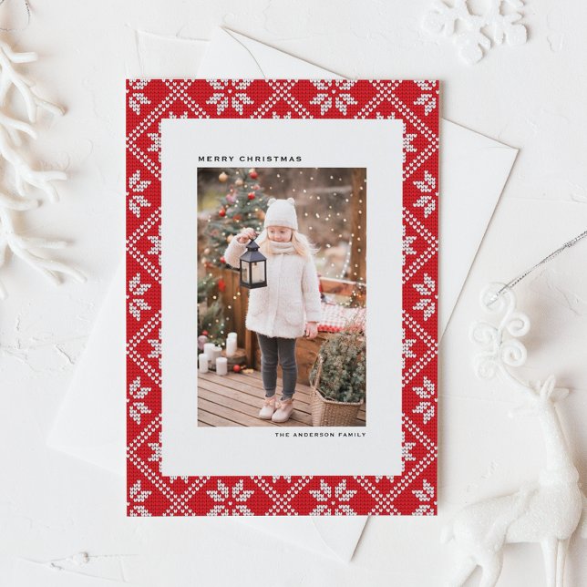 Red Fair Isle Knit Pattern Photo Christmas Holiday Postcard (Red Fair Isle Knit Pattern Photo Christmas Holiday Card)