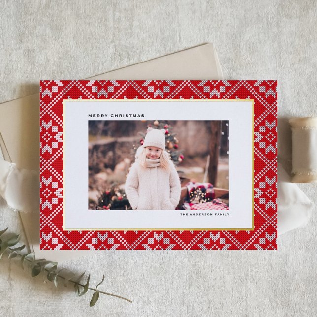 Red Fair Isle Winter Knit Pattern Photo Christmas Foil Holiday Card (Creator Uploaded)