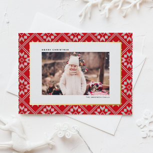 Red Fair Isle Winter Knit Pattern Photo Christmas Foil Holiday Postcard