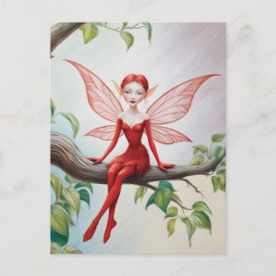 Red Fairy on a Limb Coloured Pencil Sketch Postcard