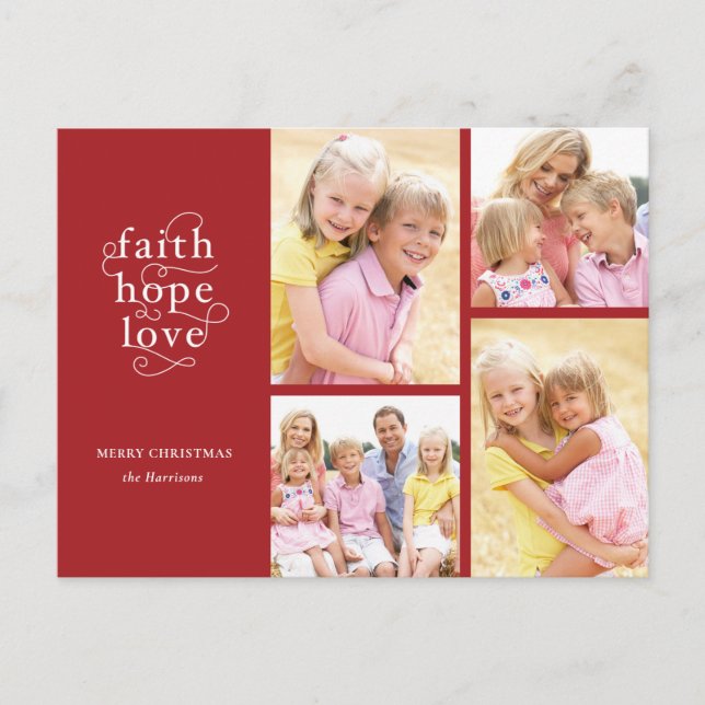 Red Faith Hope Love 4-Photo Typography Christmas Postcard (Front)