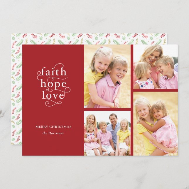 Red Faith Hope Love Typography 4-Photo Christmas Holiday Card (Front/Back)