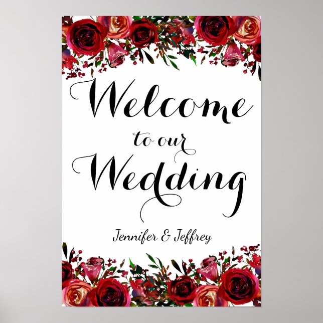 Red Fall Autumn Floral Wedding Welcome Sign (Front)
