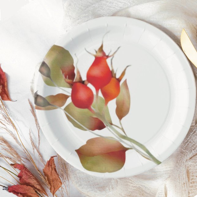 Red Fall Berries Watercolor Floral Paper Plate (Creator Uploaded)