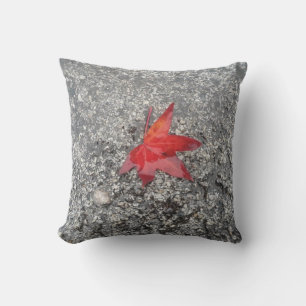 Red fall leaf in rain on grey textured road cushion