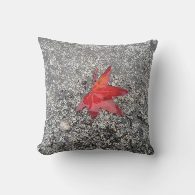 Red fall leaf in rain on grey textured road cushion (Front)