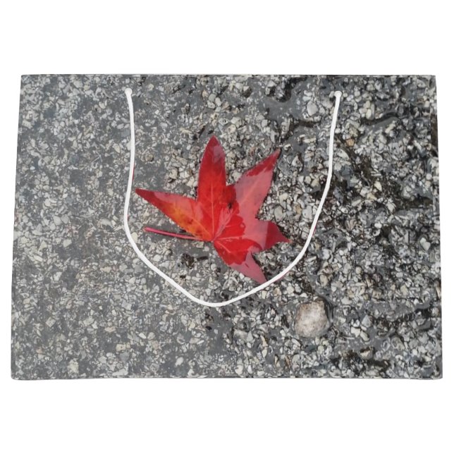 Red fall leaf in rain on grey textured road large gift bag (Front)