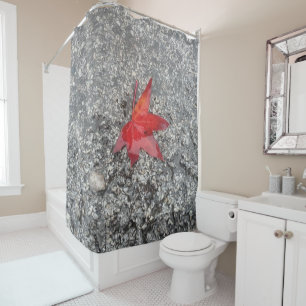 Red fall leaf in rain on grey textured road shower curtain